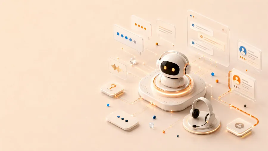 AEO Answer Engine Optimization: asistente conversacional con burbujas de chat, ondas de voz y FAQs