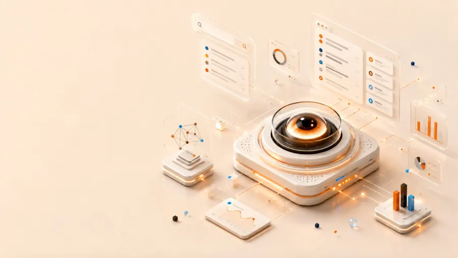 Auditoría de visibilidad en IA: ojo central y paneles de resultados de búsqueda de ChatGPT, Claude y Gemini